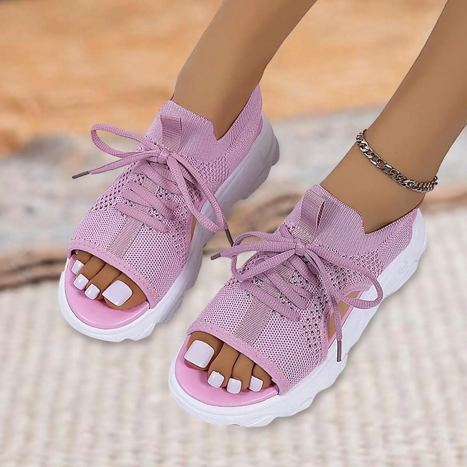 Women's Lace Up Muffin Sandals 2025 Summer Mesh Open Toe Platform Wedge Sandals Casual Thick Soled Beach Comfy Sports Sandals