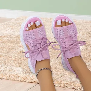 Women's Lace Up Muffin Sandals 2025 Summer Mesh Open Toe Platform Wedge Sandals Casual Thick Soled Beach Comfy Sports Sandals