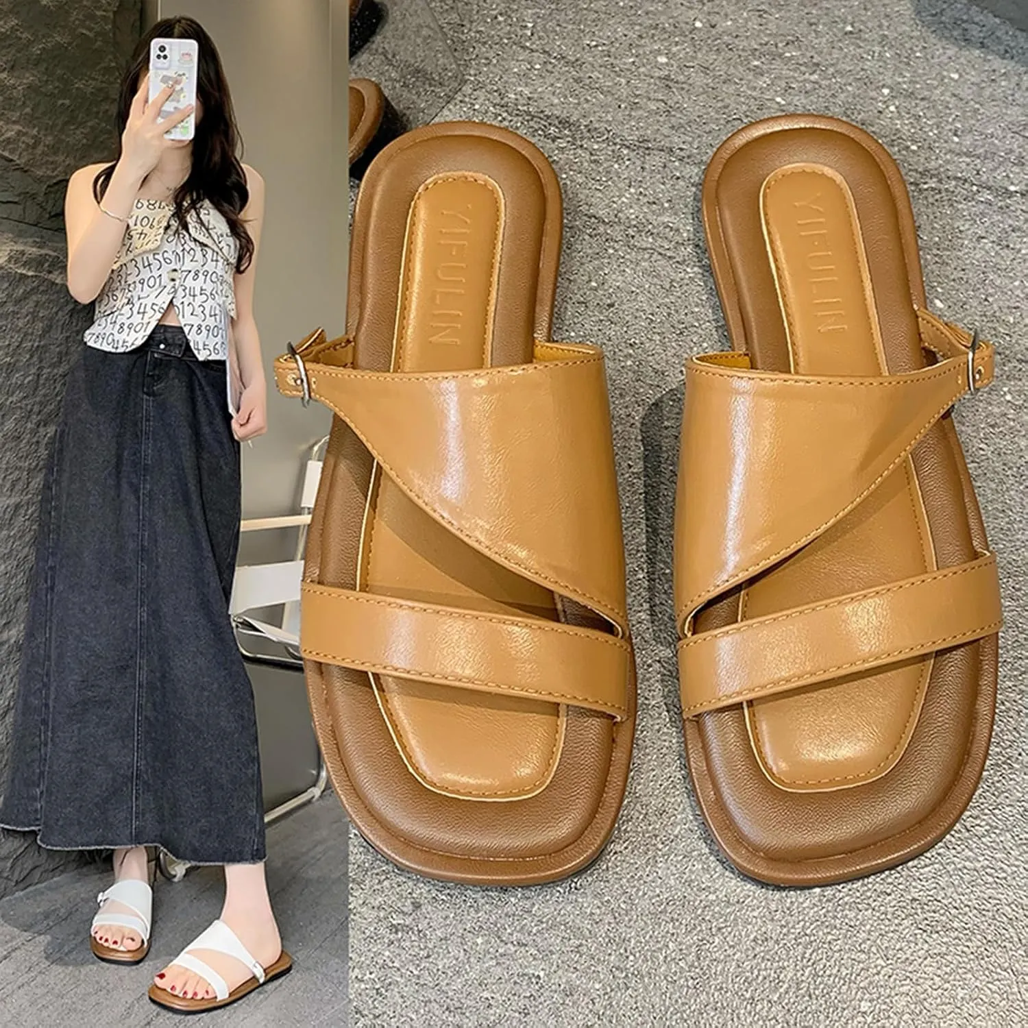 Women's Leather Double Strap Square Toe Flat Sandals Lightweight Comfortable Slip On Open Toe Adjustable Buckles Casual Beach Slippers for Indoor and Outdoor Vacations