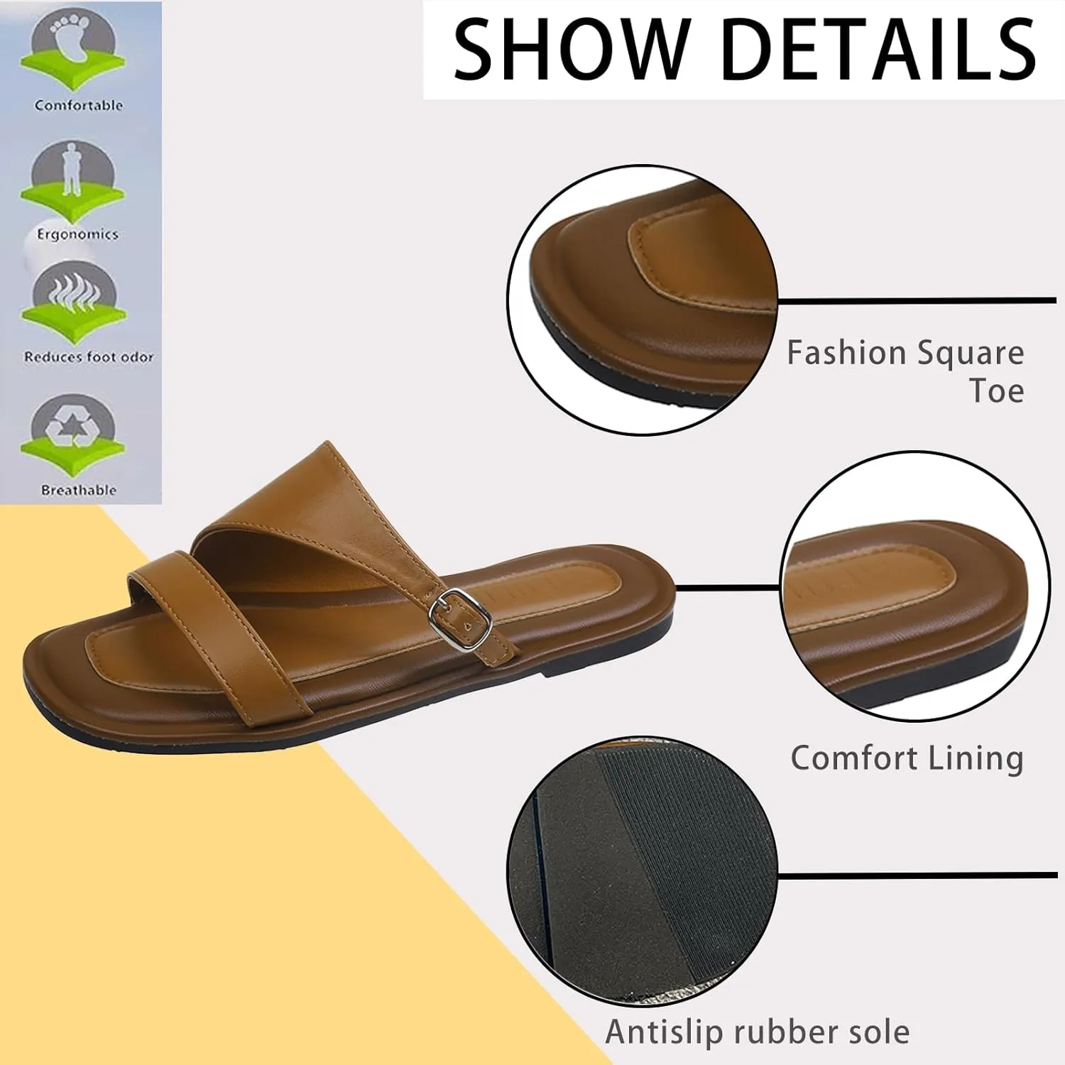 Women's Leather Double Strap Square Toe Flat Sandals Lightweight Comfortable Slip On Open Toe Adjustable Buckles Casual Beach Slippers for Indoor and Outdoor Vacations