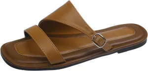 Women's Leather Double Strap Square Toe Flat Sandals Lightweight Comfortable Slip On Open Toe Adjustable Buckles Casual Beach Slippers for Indoor and Outdoor Vacations