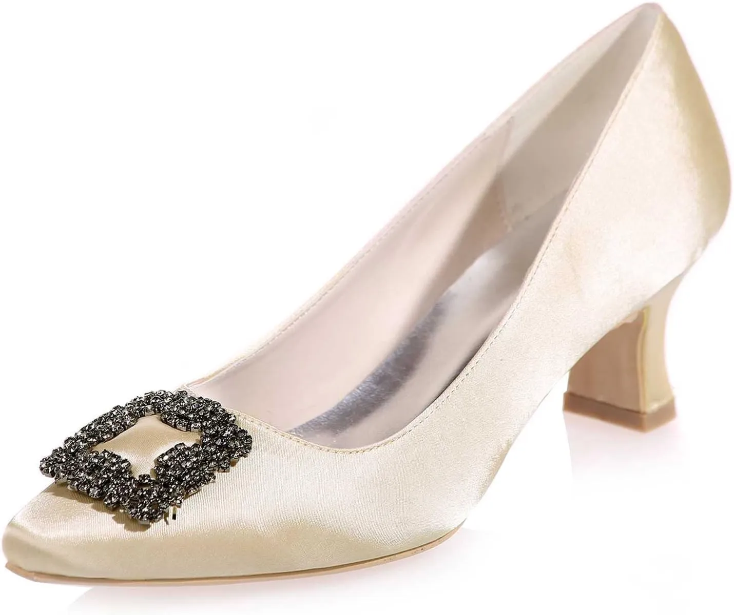 Womens Low Mid Square Heel Rhinstone Pointed Toe Satin Wedding Sandal Bridal Office Ladies Dress Pumps Shoes