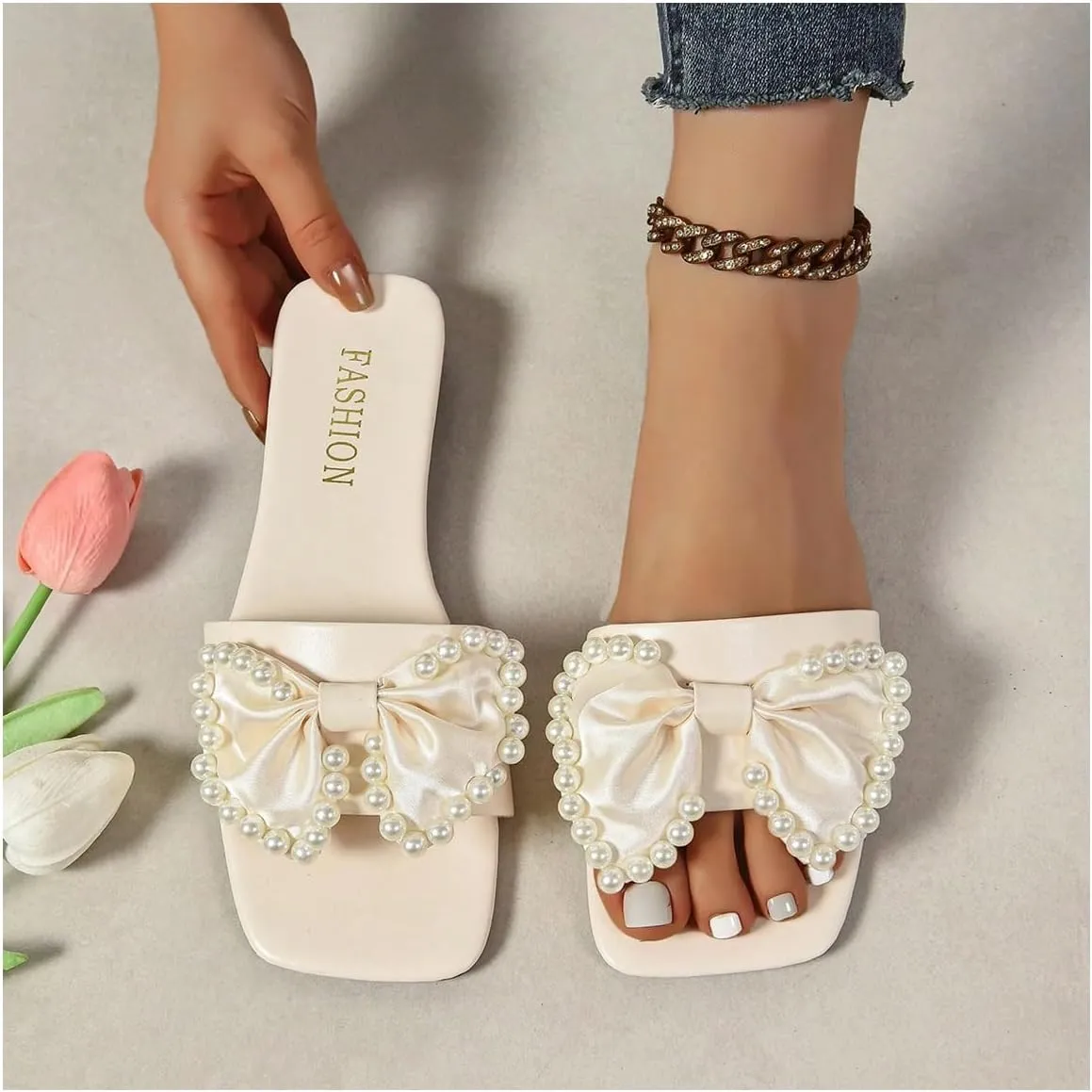 Women's Pearl Beaded Bow Sandals Square Open Toe Single Band Dressy Flat Sandals
