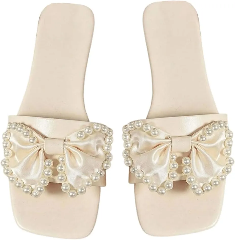 Women's Pearl Beaded Bow Sandals Square Open Toe Single Band Dressy Flat Sandals