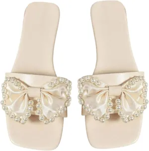 Women's Pearl Beaded Bow Sandals Square Open Toe Single Band Dressy Flat Sandals