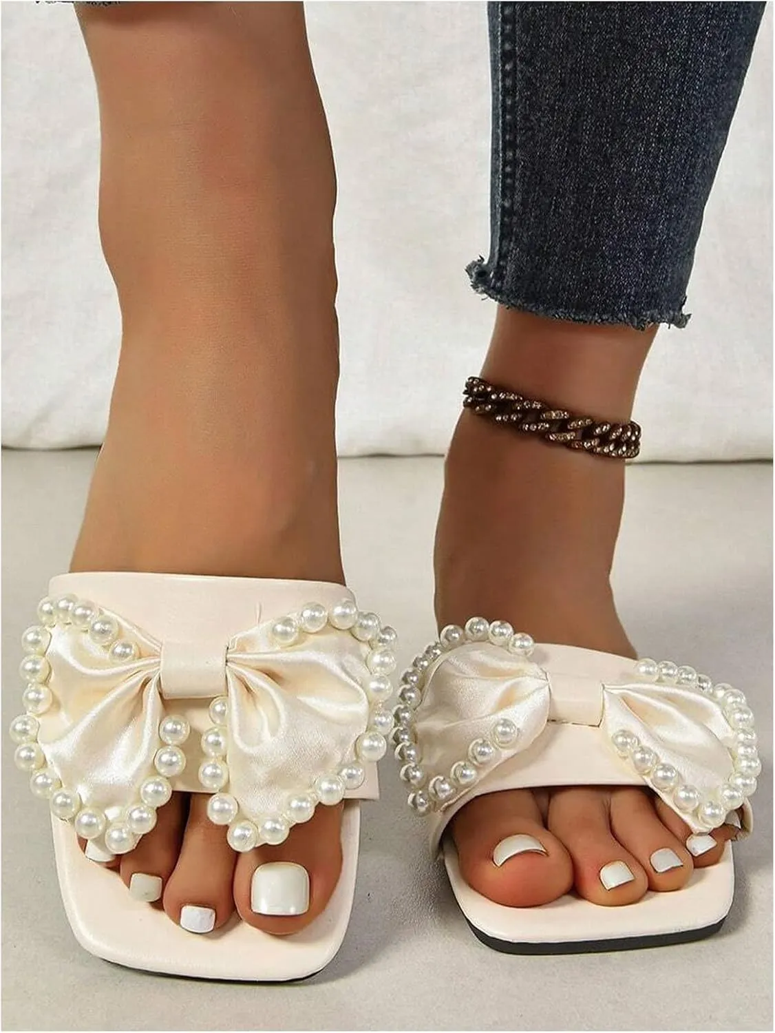 Women's Pearl Beaded Bow Sandals Square Open Toe Single Band Dressy Flat Sandals
