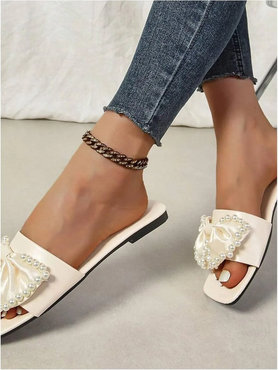 Women's Pearl Beaded Bow Sandals Square Open Toe Single Band Dressy Flat Sandals