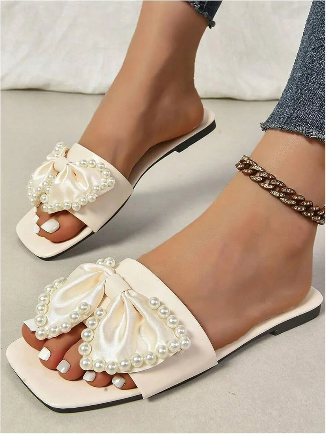 Women's Pearl Beaded Bow Sandals Square Open Toe Single Band Dressy Flat Sandals