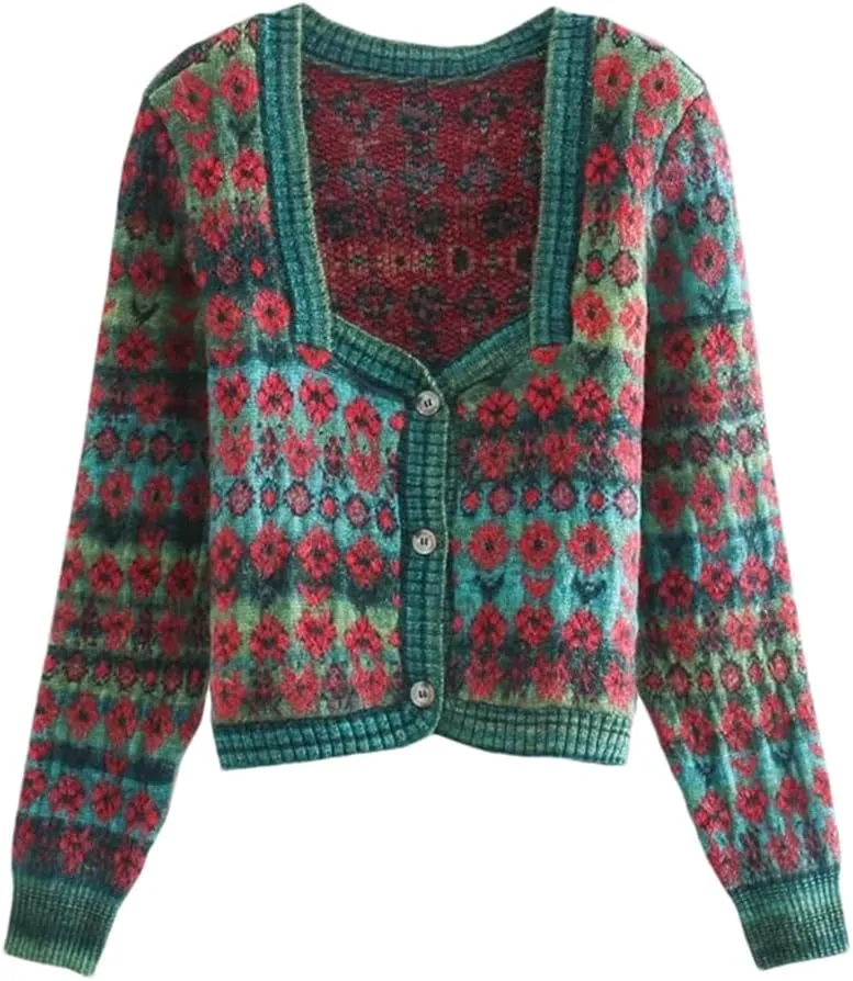 Women's Retro Square Neck Floral Print Knitted Sweater Long Sleeve Cardigan Top