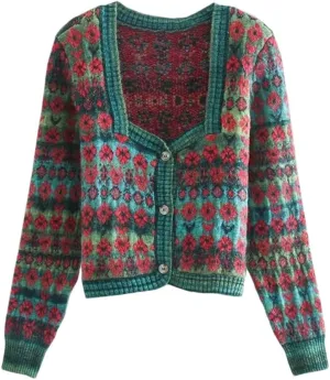 Women's Retro Square Neck Floral Print Knitted Sweater Long Sleeve Cardigan Top