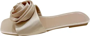 Women's Satin Bow Knot Square Toe Flat Sandals Fashion Open Toe Slip-On Dress Slides Summer Casual Beach Walking Slippers