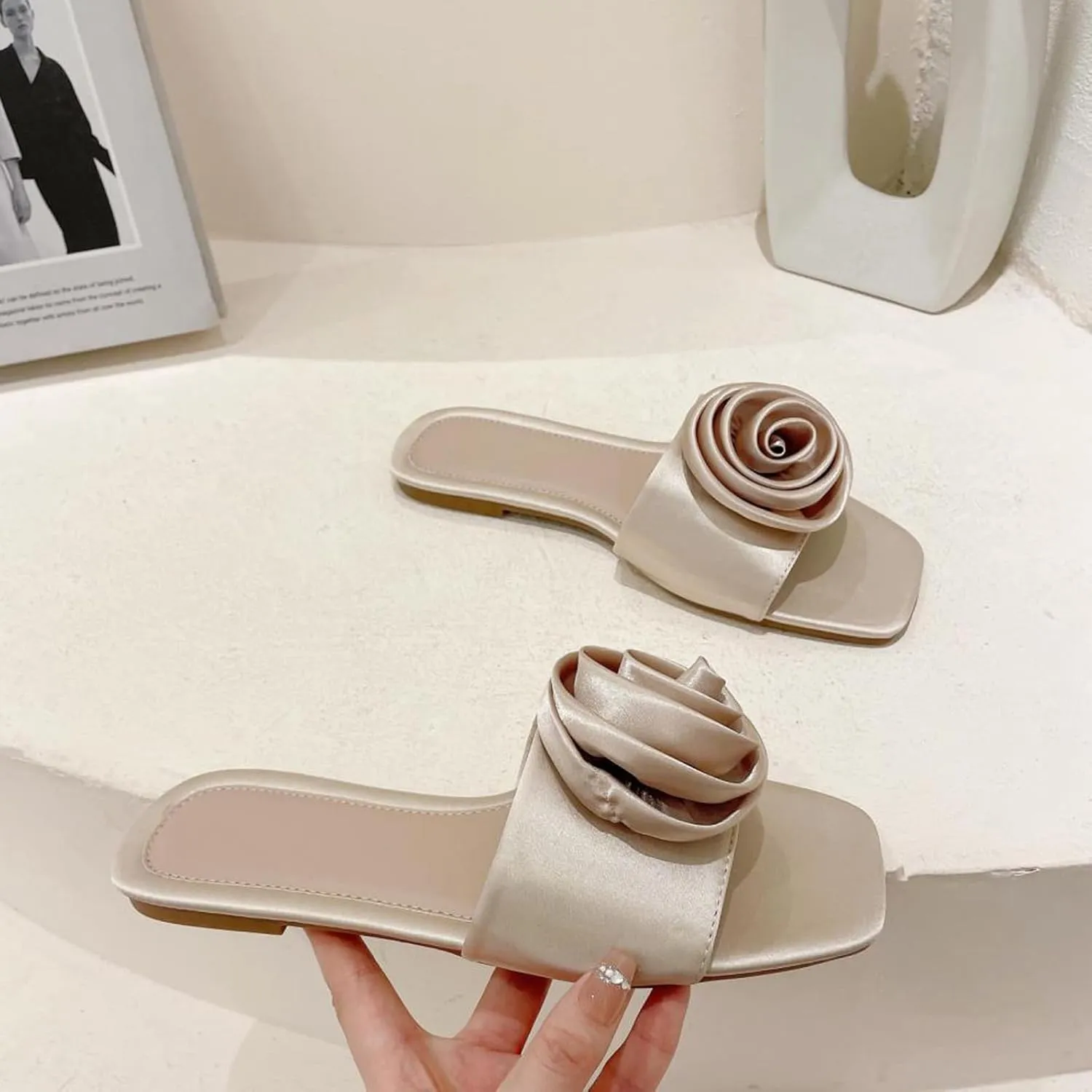 Women's Satin Bow Knot Square Toe Flat Sandals Fashion Open Toe Slip-On Dress Slides Summer Casual Beach Walking Slippers