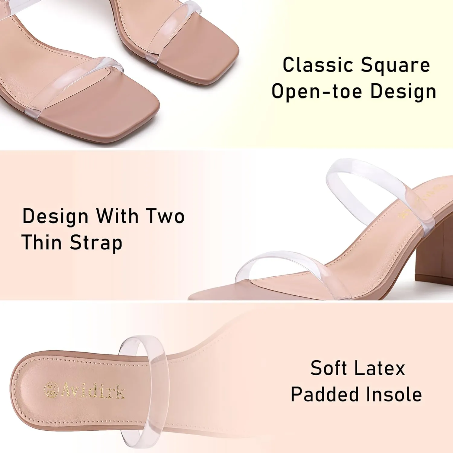 Women's Square Open Toe Heeled Sandals Two Strap Mules Slip On Block Chunky Mid Heels Sandals