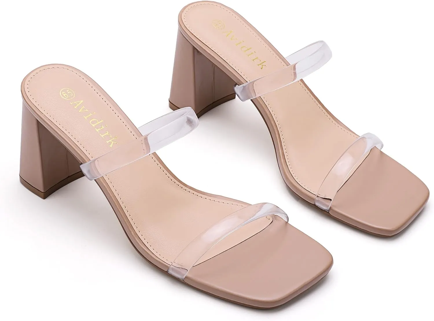 Women's Square Open Toe Heeled Sandals Two Strap Mules Slip On Block Chunky Mid Heels Sandals