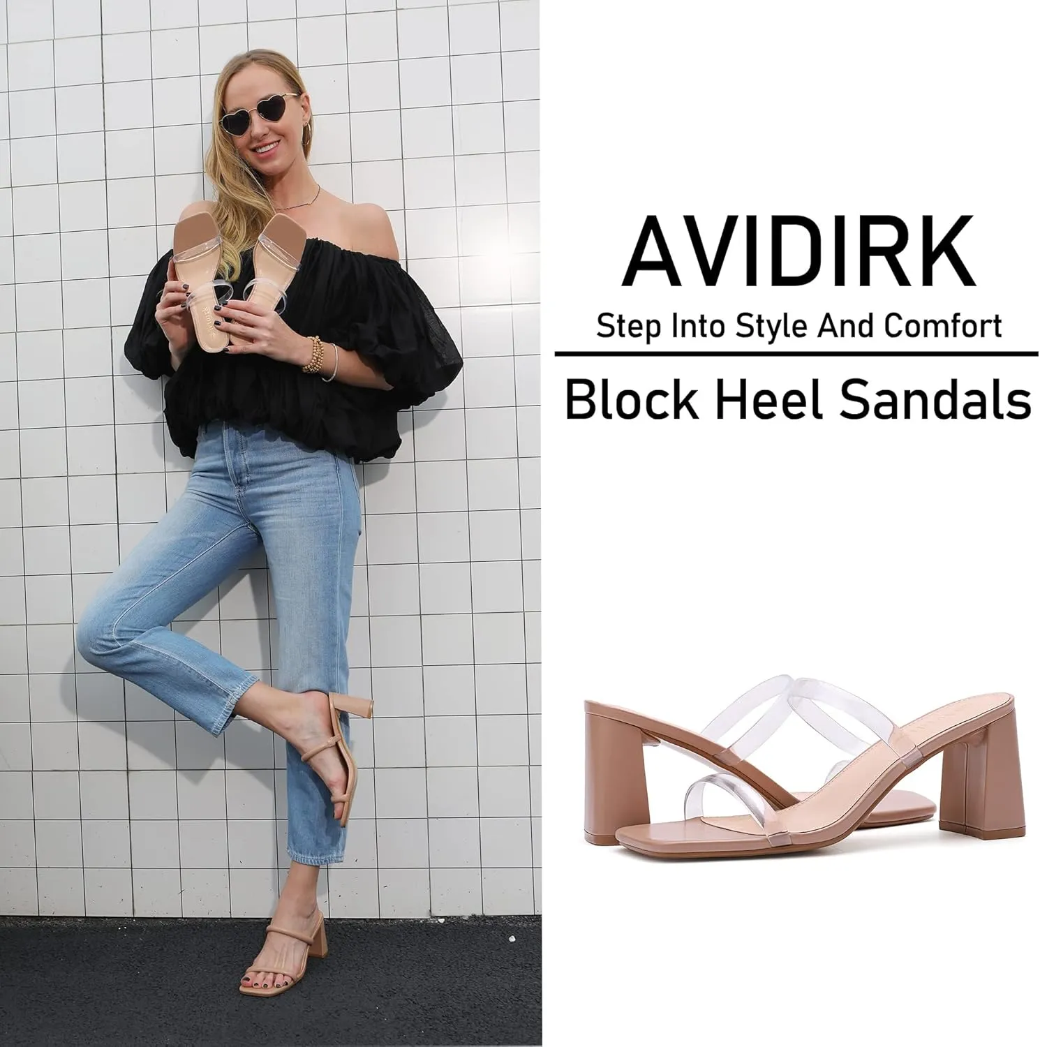 Women's Square Open Toe Heeled Sandals Two Strap Mules Slip On Block Chunky Mid Heels Sandals