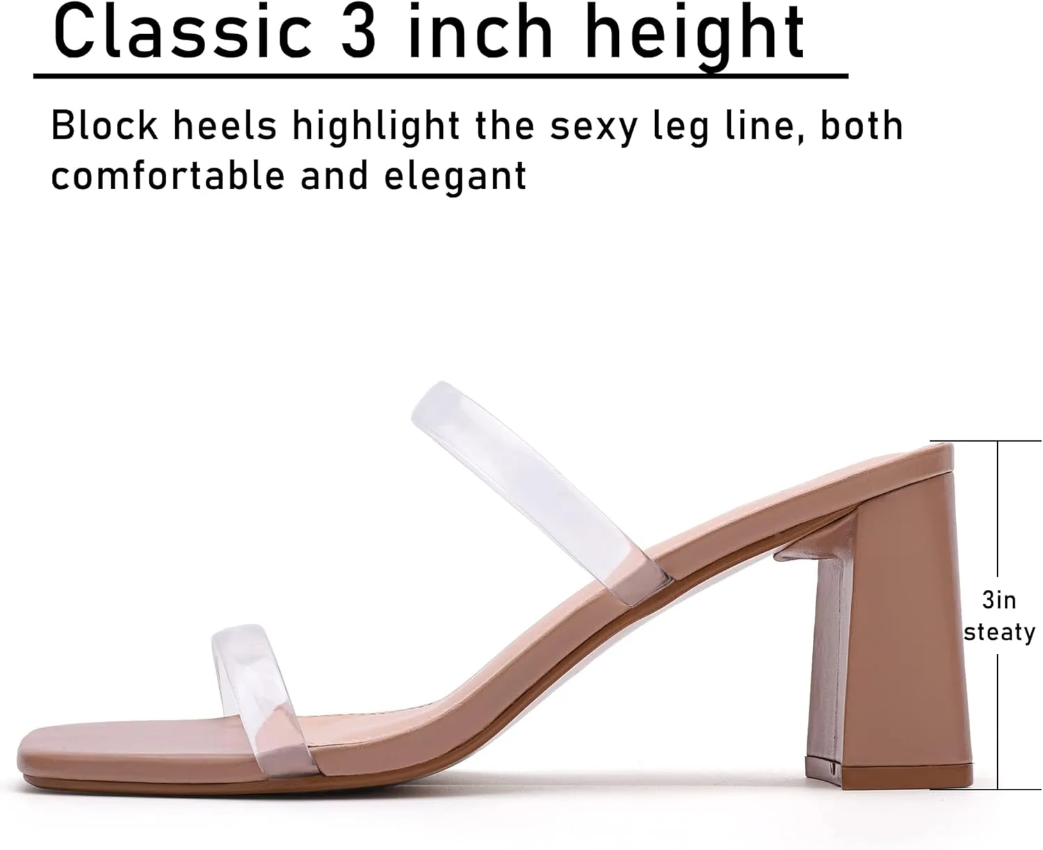 Women's Square Open Toe Heeled Sandals Two Strap Mules Slip On Block Chunky Mid Heels Sandals