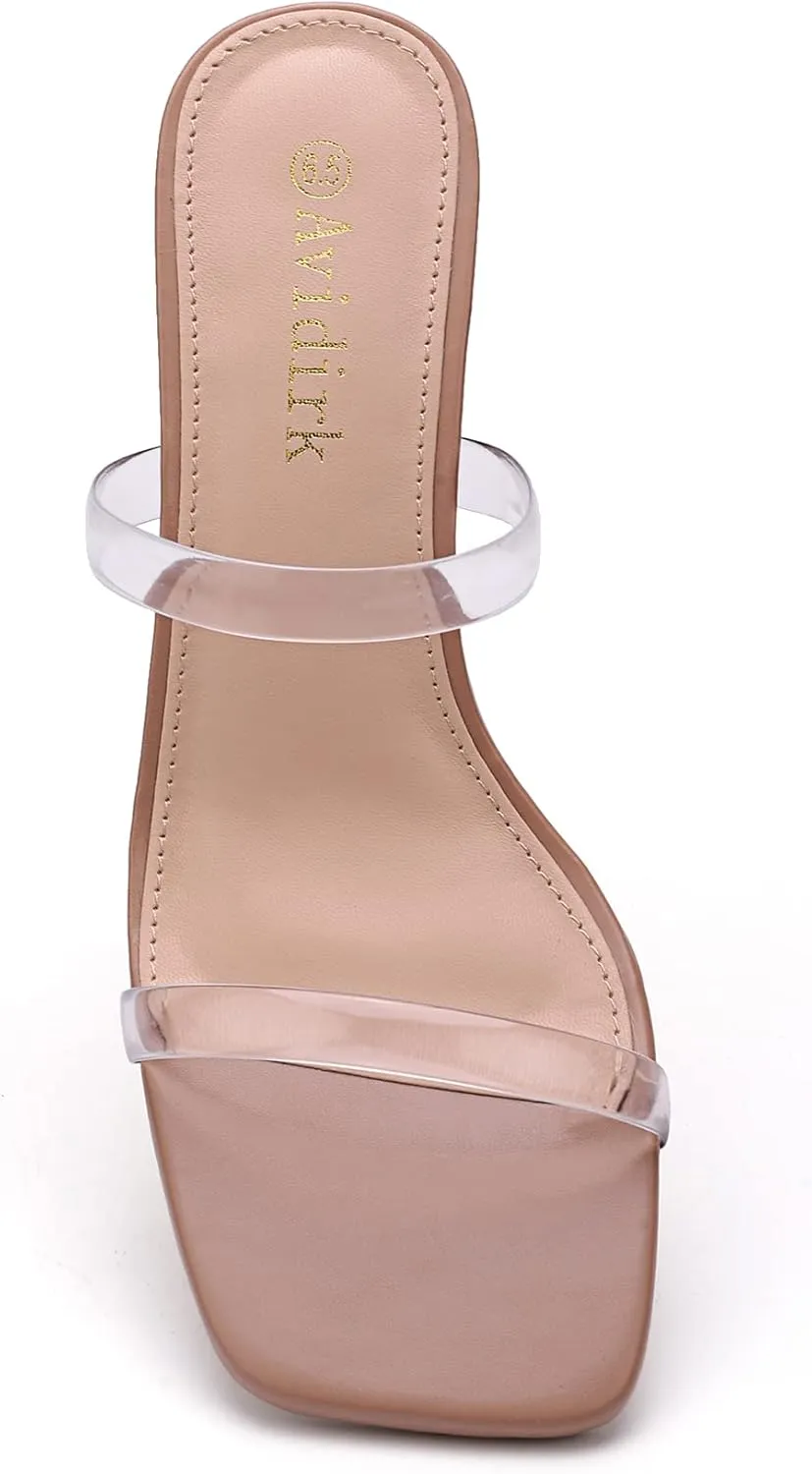 Women's Square Open Toe Heeled Sandals Two Strap Mules Slip On Block Chunky Mid Heels Sandals
