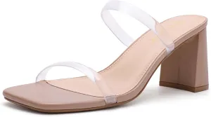 Women's Square Open Toe Heeled Sandals Two Strap Mules Slip On Block Chunky Mid Heels Sandals