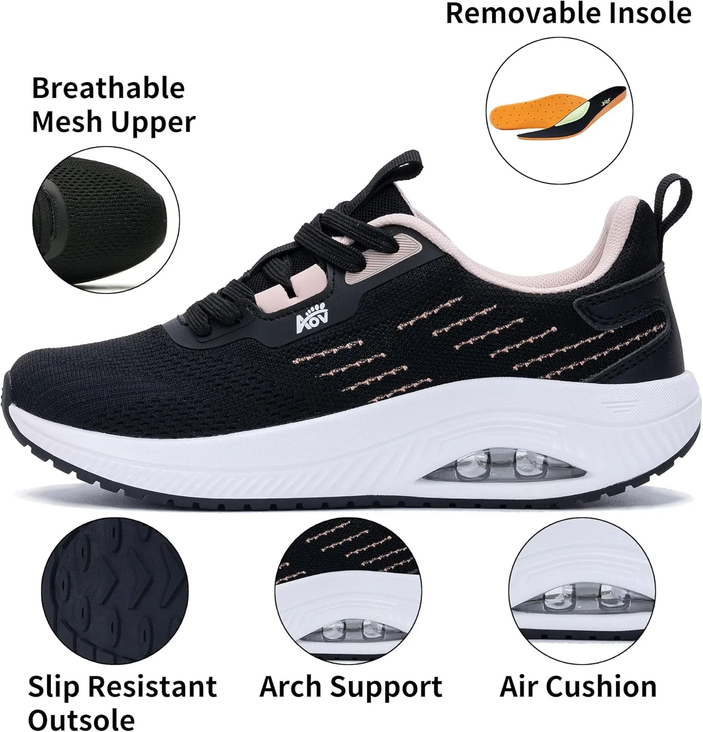 Women's Walking Shoes with Arch Support Orthotic Sneakers for Plantar Fasciitis Heel and Foot Pain Relief Tennis BlackPeach Size 9.5