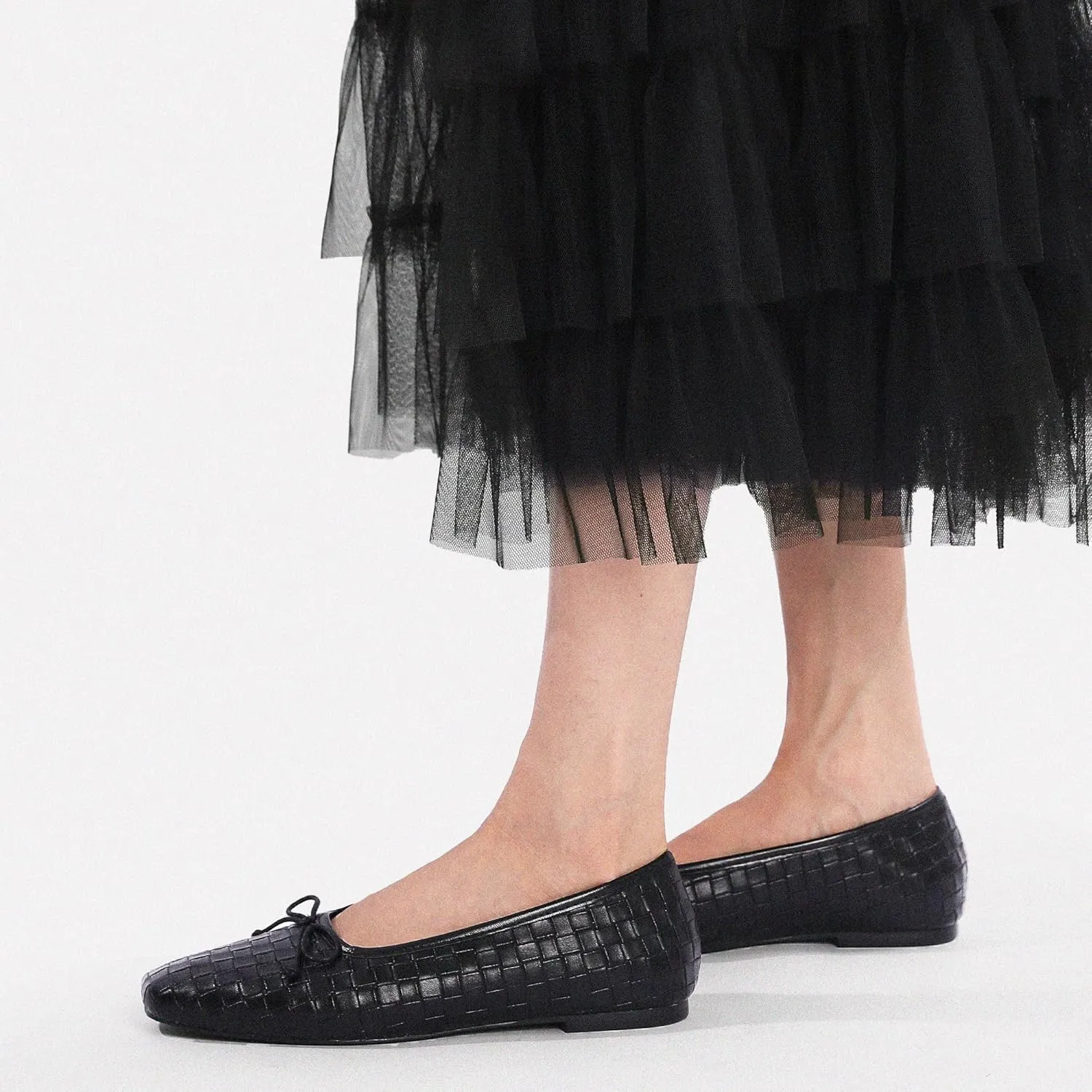 Woven Ballet Flats for Women Bow Square Toe Ballerina Shoes