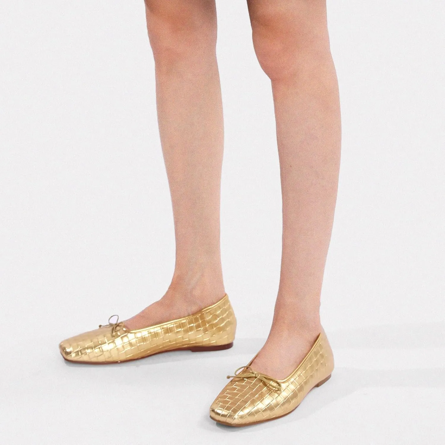 Woven Ballet Flats for Women Bow Square Toe Ballerina Shoes