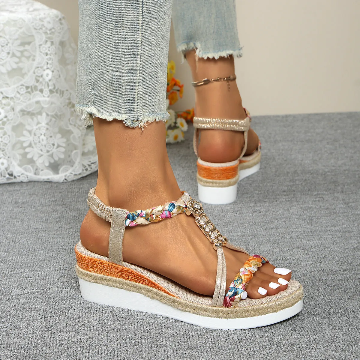 Woven Bead Flat Wedge Sandals