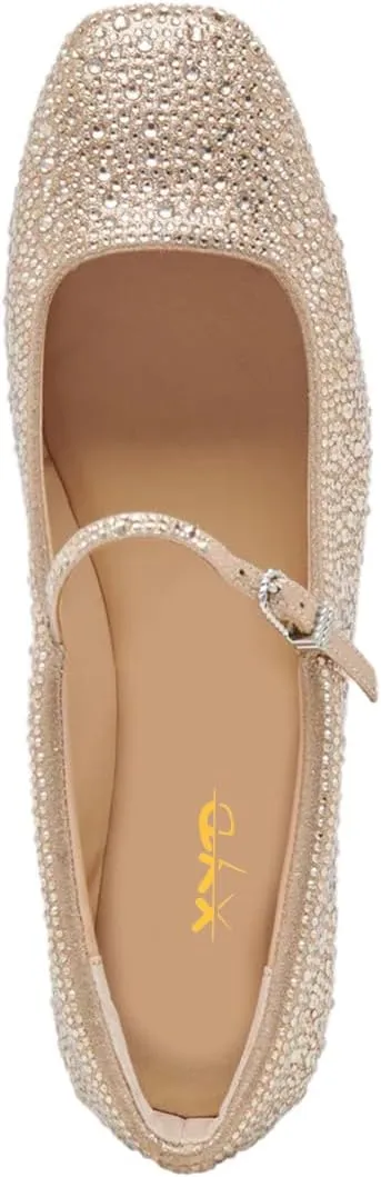 XYD Women Dazzled Crystals Ballet Flats Square Toe Strap with Buckled Mary Jane Dating Dress Shoes