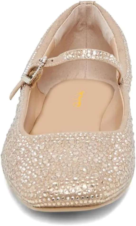 XYD Women Dazzled Crystals Ballet Flats Square Toe Strap with Buckled Mary Jane Dating Dress Shoes