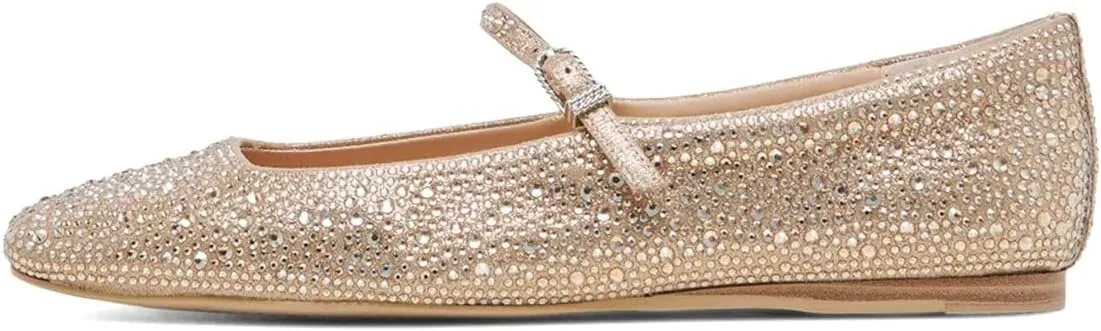 XYD Women Dazzled Crystals Ballet Flats Square Toe Strap with Buckled Mary Jane Dating Dress Shoes