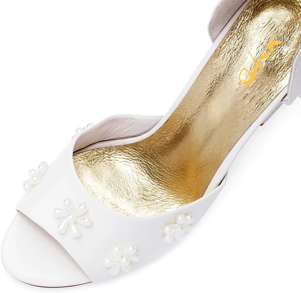 XYD Women Open Toe Sandals with Bloom Pearl Flower Ankle Strap Lace-up Chunky Block Heel Wedding Bridal Shoes