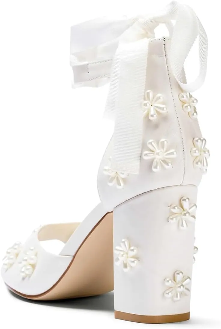 XYD Women Open Toe Sandals with Bloom Pearl Flower Ankle Strap Lace-up Chunky Block Heel Wedding Bridal Shoes