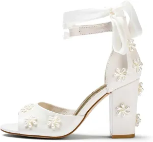 XYD Women Open Toe Sandals with Bloom Pearl Flower Ankle Strap Lace-up Chunky Block Heel Wedding Bridal Shoes