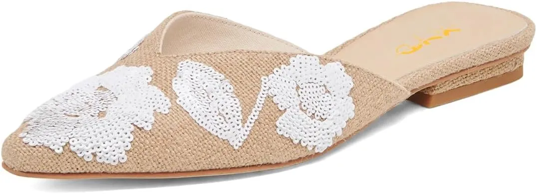 XYD Women Pointed Toe Embroidery Flat Mules Spring Summer Comfort Slip-on Holiday Bridal Dress Shoes