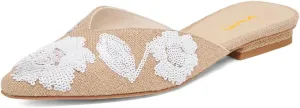 XYD Women Pointed Toe Embroidery Flat Mules Spring Summer Comfort Slip-on Holiday Bridal Dress Shoes