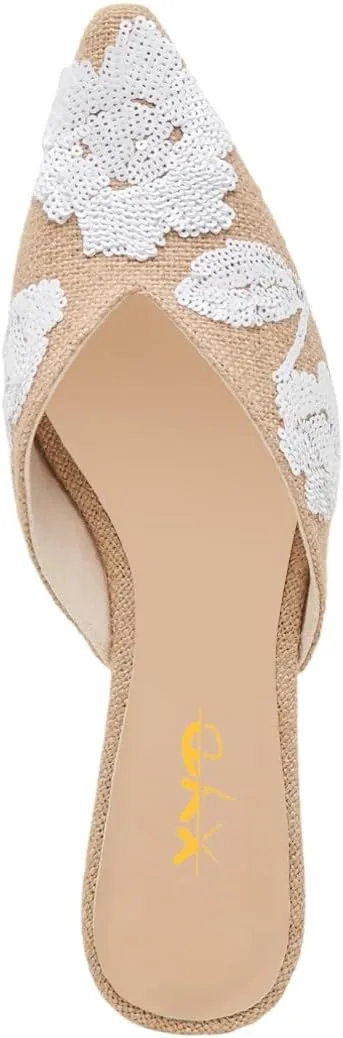 XYD Women Pointed Toe Embroidery Flat Mules Spring Summer Comfort Slip-on Holiday Bridal Dress Shoes
