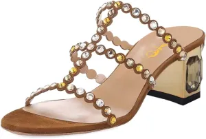 XYD Women Rhinestones T-Strap Mule Sandals Open Toe Slip On Mid Low Chunky Crystal Heel Slide Slippers Party Event Dress Shoes