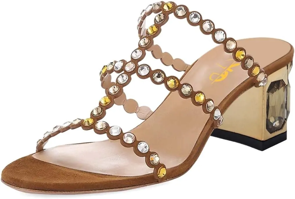 XYD Women Rhinestones T-Strap Mule Sandals Open Toe Slip On Mid Low Chunky Crystal Heel Slide Slippers Party Event Dress Shoes