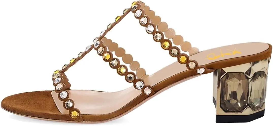 XYD Women Rhinestones T-Strap Mule Sandals Open Toe Slip On Mid Low Chunky Crystal Heel Slide Slippers Party Event Dress Shoes