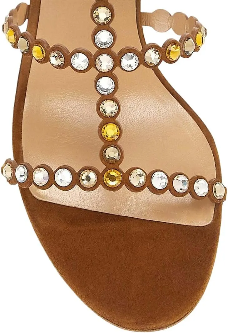XYD Women Rhinestones T-Strap Mule Sandals Open Toe Slip On Mid Low Chunky Crystal Heel Slide Slippers Party Event Dress Shoes