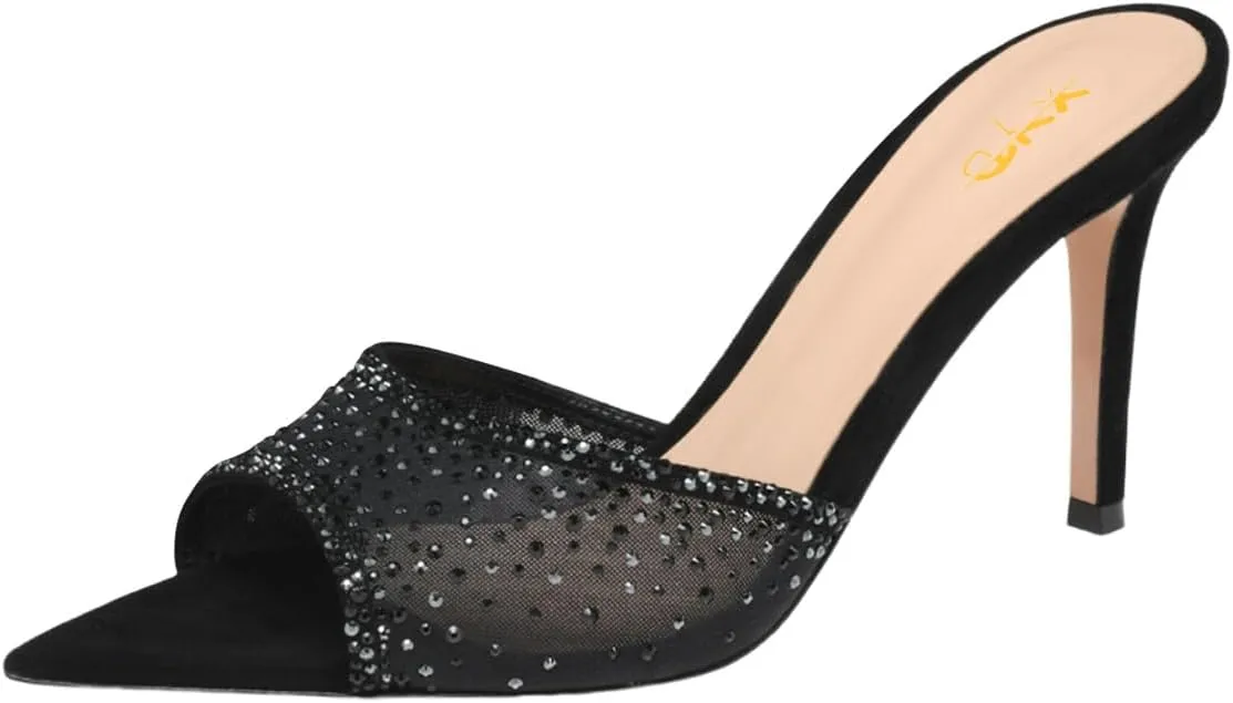 XYD Women Sexy Pointed Open Toe Rhinestones Crystal Slides Sandals High Heel Slip-on Summer Bridal Evening Mesh Shoes