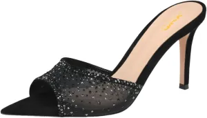 XYD Women Sexy Pointed Open Toe Rhinestones Crystal Slides Sandals High Heel Slip-on Summer Bridal Evening Mesh Shoes