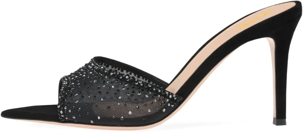 XYD Women Sexy Pointed Open Toe Rhinestones Crystal Slides Sandals High Heel Slip-on Summer Bridal Evening Mesh Shoes