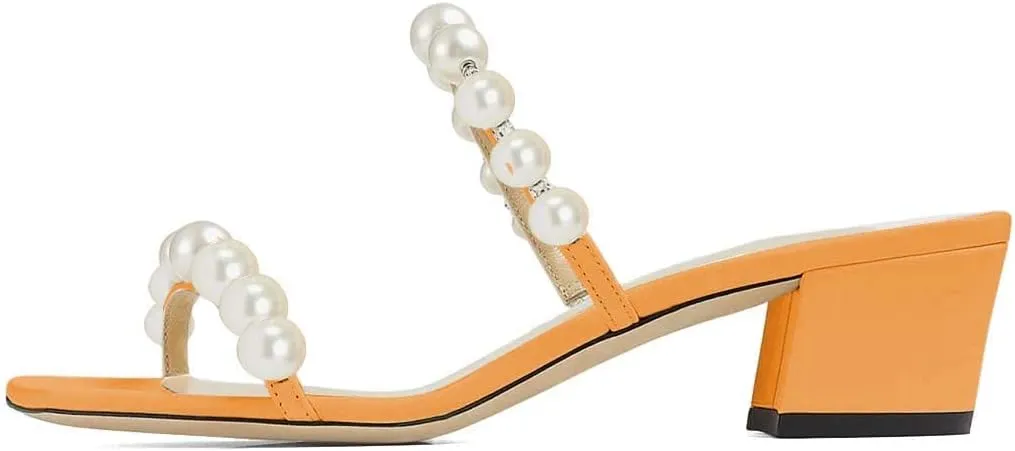 XYD Women Square Open Toe Pearls Embellished Dual Straps Slides Sandals Slip On Low/High Chunky Block Heel Chic Mules Summer Resort Outdoor Party Shoes