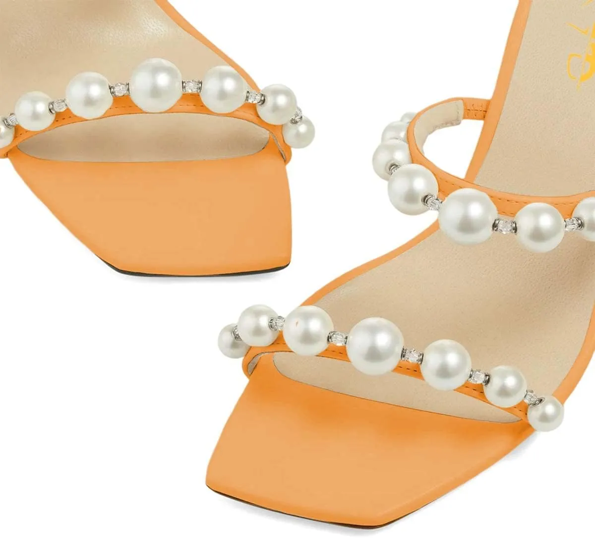 XYD Women Square Open Toe Pearls Embellished Dual Straps Slides Sandals Slip On Low/High Chunky Block Heel Chic Mules Summer Resort Outdoor Party Shoes