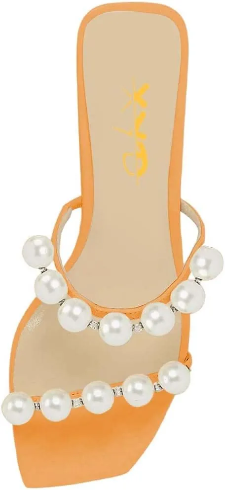 XYD Women Square Open Toe Pearls Embellished Dual Straps Slides Sandals Slip On Low/High Chunky Block Heel Chic Mules Summer Resort Outdoor Party Shoes