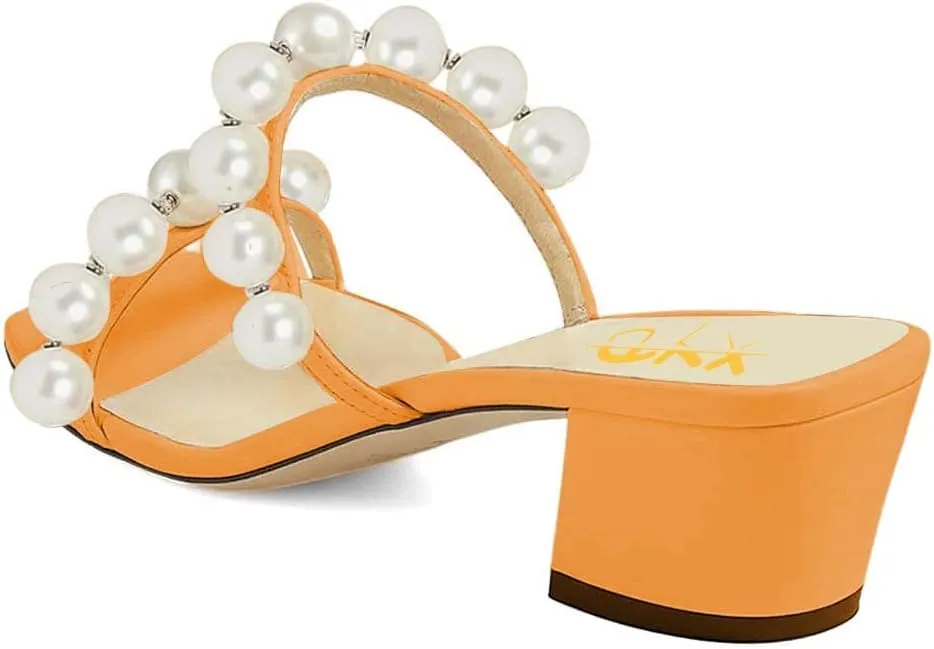 XYD Women Square Open Toe Pearls Embellished Dual Straps Slides Sandals Slip On Low/High Chunky Block Heel Chic Mules Summer Resort Outdoor Party Shoes