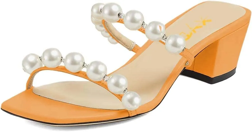 XYD Women Square Open Toe Pearls Embellished Dual Straps Slides Sandals Slip On Low/High Chunky Block Heel Chic Mules Summer Resort Outdoor Party Shoes