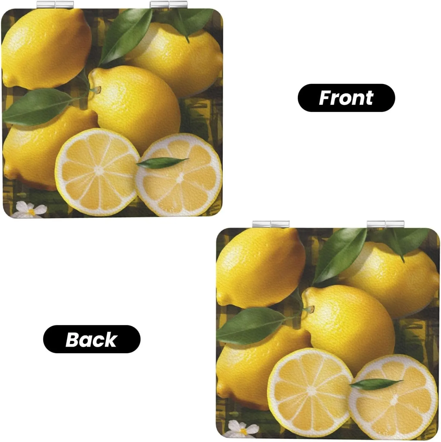 Yellow Lemon Printed Square Pocket Makeup Mirror with 1X/2X Magnification, Portable Mini Travel Makeup Mirror for Travel Daily Work Beauty
