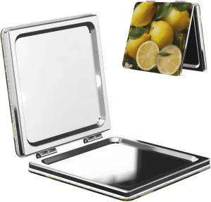 Yellow Lemon Printed Square Pocket Makeup Mirror with 1X/2X Magnification, Portable Mini Travel Makeup Mirror for Travel Daily Work Beauty