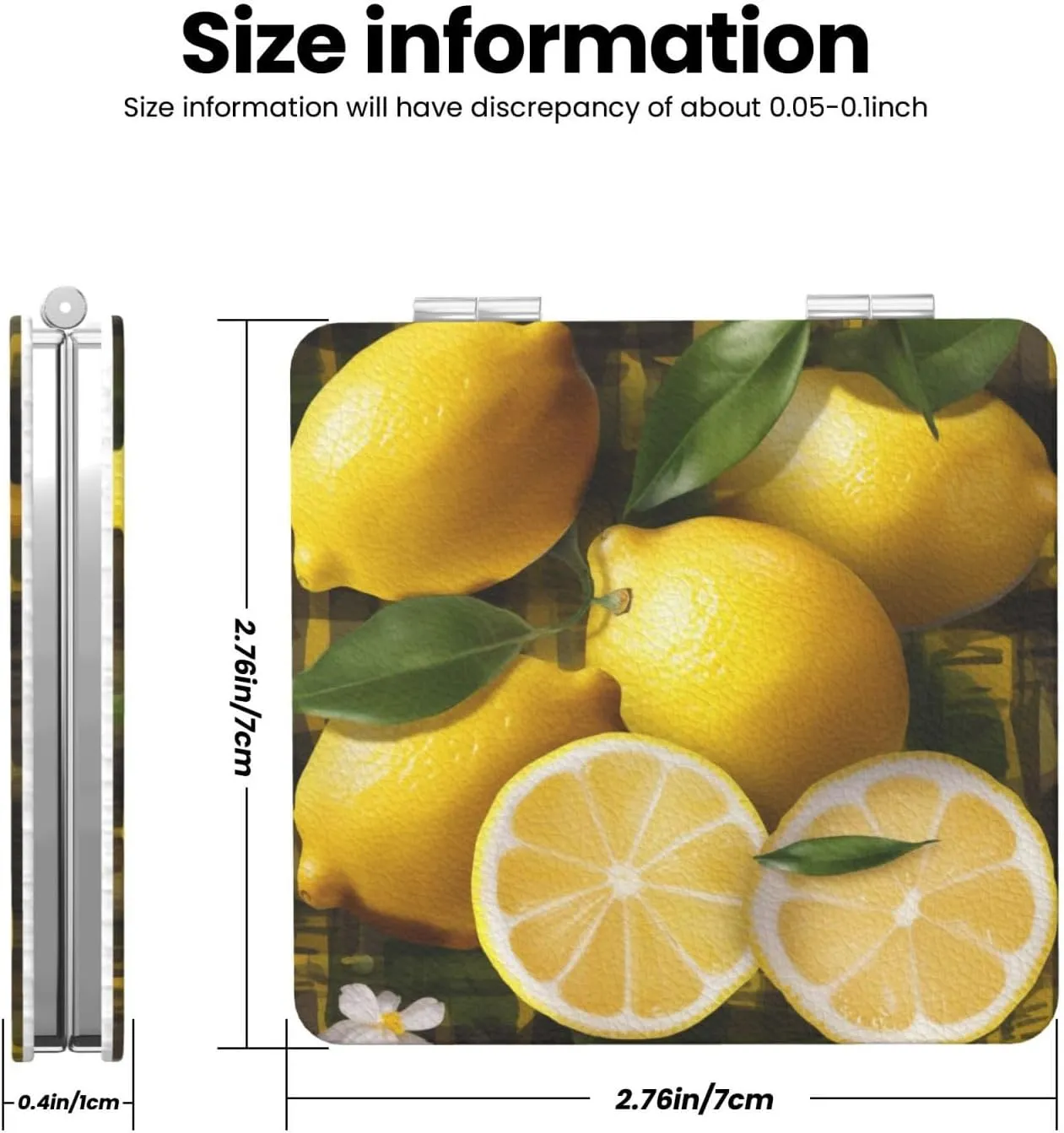 Yellow Lemon Printed Square Pocket Makeup Mirror with 1X/2X Magnification, Portable Mini Travel Makeup Mirror for Travel Daily Work Beauty
